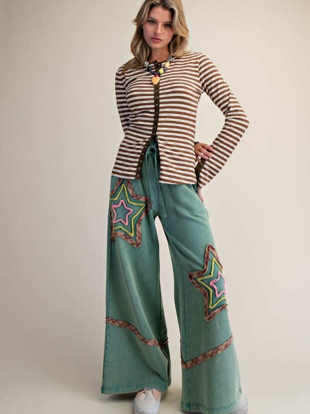 EASEL STAR PATCH DETAILING WASHED TERRY PANTS 100% COTTON